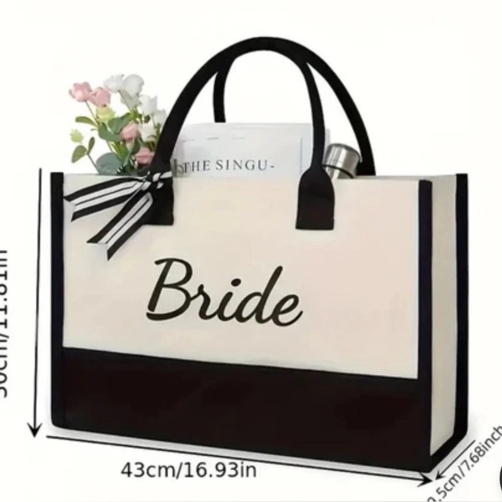 Bride Tote Bag Black White Bridal Gift Wedding Honeymoon Large Canvas Tote